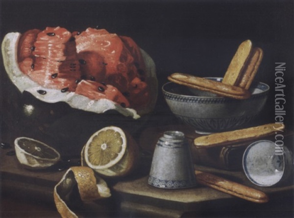Still Life With Watermelon, Biscotti, A Sliced Lemon And Three Pieces Of Blue-and-white Italian Porcelain Oil Painting - Cristoforo Munari