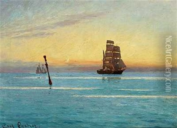Solnedgang Over Havet Med Sejlskibe I Horisonten Oil Painting - Carl Ludvig Thilson Locher