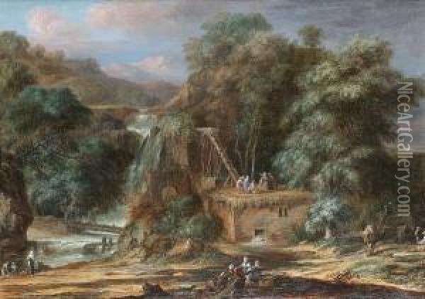 A River Landscape With Figures 
Constructing An Aqueduct Beside Waterfalls, Oriental Figures And Camels 
Nearby Oil Painting - Christophe-Ludwig Agricola