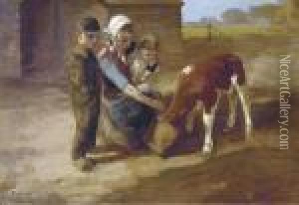 Feeding The Little Calf Oil Painting - Fedor Van Kregten