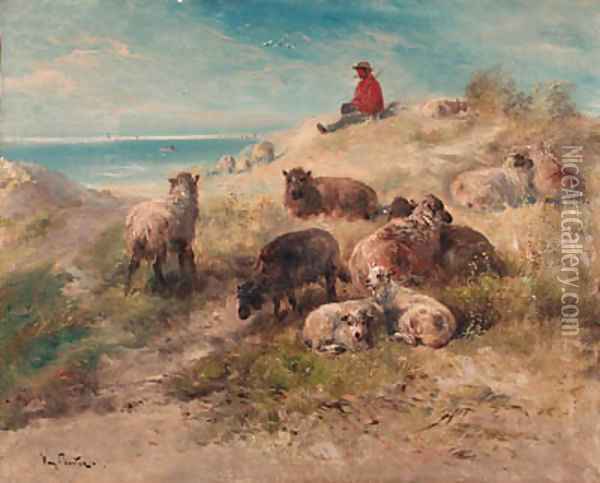 A shepherd and flock resting in the dunes Oil Painting - Henri Schouten
