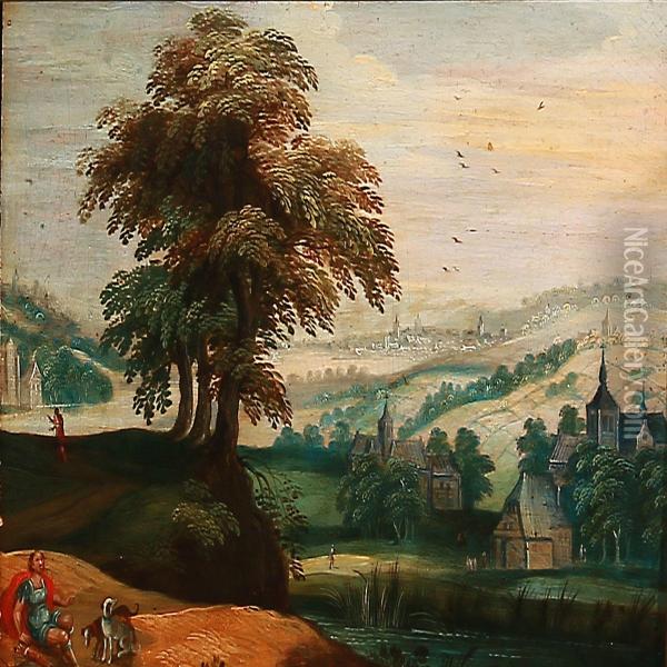 Hilly Landscape With Numerous Church Towers Oil Painting - Joos De Momper