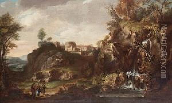 A Rocky River Landscape With Christ On The Road To Emmaus Oil Painting - Giuseppe Zola