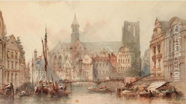 Canal Scene With Cathedral Beyond Oil Painting - Paul Marny