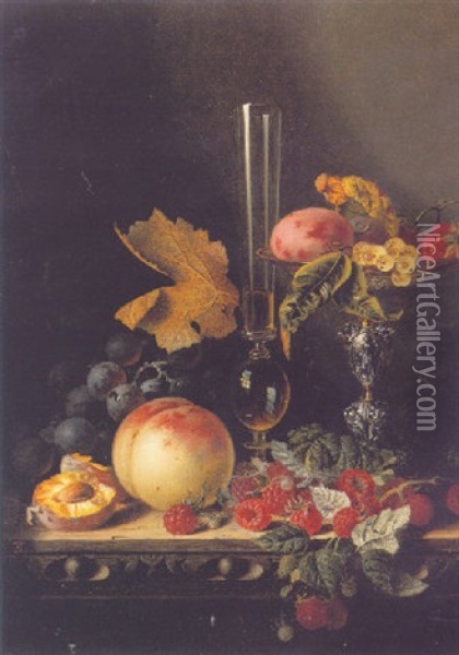 Still Life With Wine Glass, Peaches, Raspberries, Grapes, Strawberries And Plums On A Wooden Ledge Oil Painting - Edward Ladell