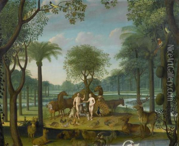 Scene In Paradise With Adam And Eve. Oil Painting - Jacob Bouttats