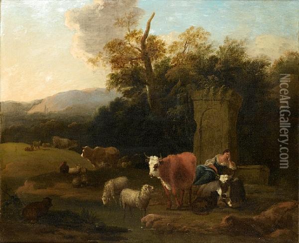 An Italianate Landscape With A Shepherdess Resting Beside A Stream With Cattle And Sheep Oil Painting - Michiel Carre