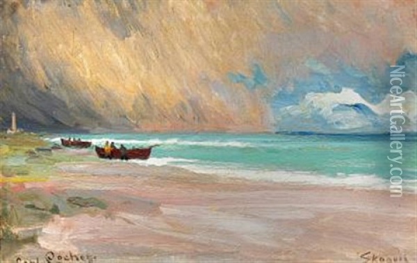 Seascape With Fishing Boats On The Beach, Skagen Oil Painting - Carl Ludvig Thilson Locher