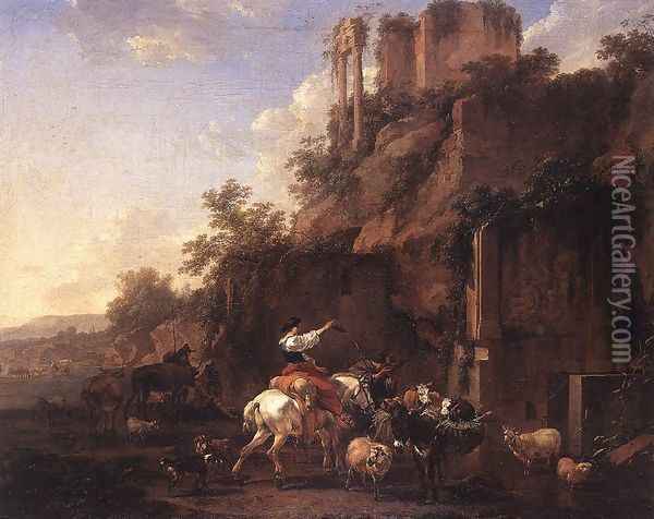Rocky Landscape with Antique Ruins c. 1657 Oil Painting - Nicolaes Berchem