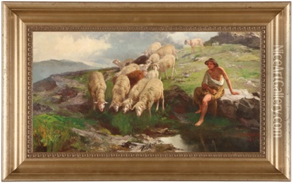 Shepherd Tending To Sheep Oil Painting - John (Giovanni) Califano