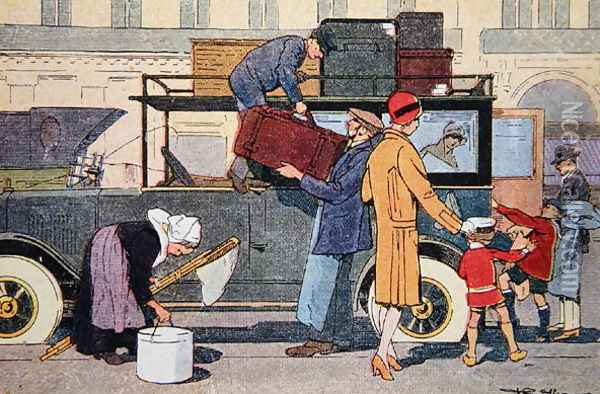 Leaving for the country, illustration from a school textbook, c.1920 Oil Painting - F. Raffin