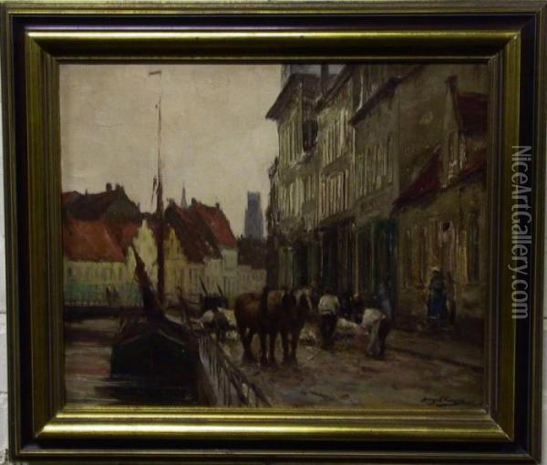Category: Painting
 Description:zicht Op Brugge Oil Painting - Joseph Charles Francois