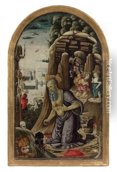 Saint Jerome Au Desert Et Differentes Scenes De L'enfance Du Christ Oil Painting - Jacopo Del Sellaio