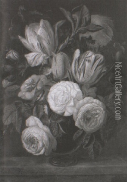 Still Life Of Roses And Other Flowers In A Vase Oil Painting - Jan Van Huysum