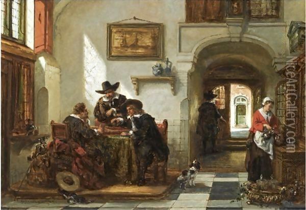 A Game Of 'Tric Trac' Oil Painting - Johannes Anthonie Balthasar Stroebel