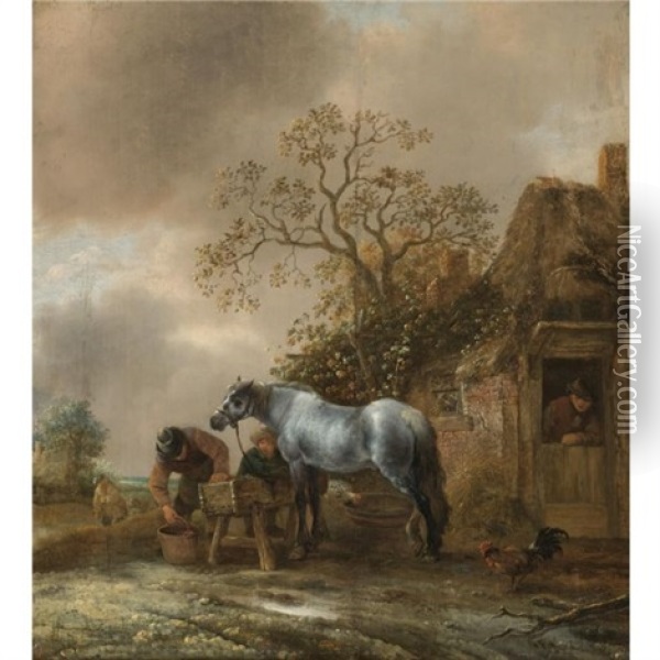 Landscape With Peasants Feeding A Grey Outside A Cottage Oil Painting - Isaac Van Ostade
