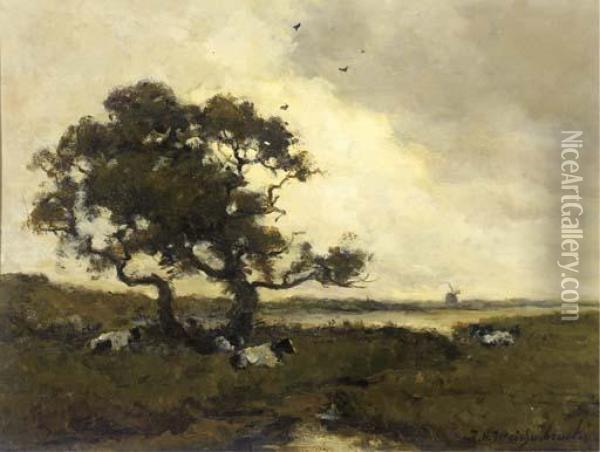 Cattle Resting Under A Tree In A Polder Landscape Oil Painting - Jan Hendrik Weissenbruch