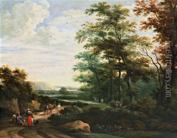 Waldlandschaft Mit Einem Rastenden Paar Und Einem Maultiertreiber Oil Painting - Martinus De La Court