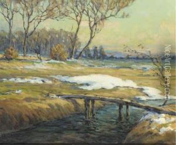 A Landscape With A Stream, Late Winter Oil Painting - Walter Koeniger