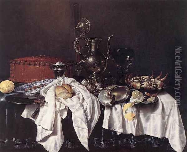 Still-Life with Pie, Silver Ewer and Crab 1658 Oil Painting - Willem Claesz. Heda