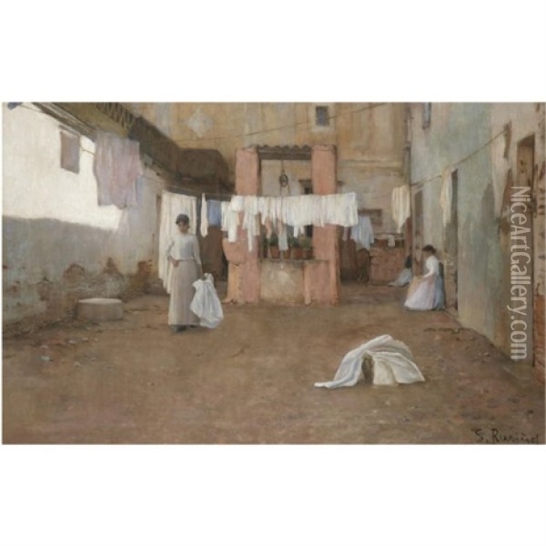 Lavanderas De La Barceloneta (washerwomen From The Barceloneta) Oil Painting - Santiago Rusinol