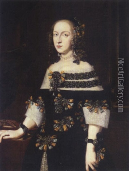Portrait Of A Lady Wearing Black With Blue And Gold Bows Oil Painting - Pier Francesco Cittadini