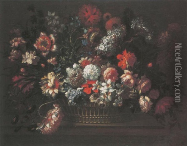 Carnations, Roses, Narcissi, Morning Glory And Other Flowers In A Basket On A Ledge Oil Painting - Jean-Baptiste Monnoyer