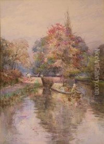 A Canal Boat Approaching A Lock Oil Painting - Herbert E. Butler