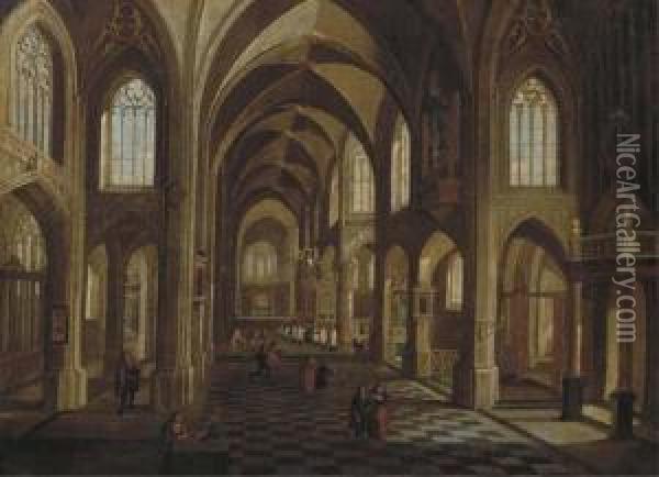 The Interior Of A Cathedral With Elegant Figures, A Procession Beyond Oil Painting - Pieter Ii Neefs