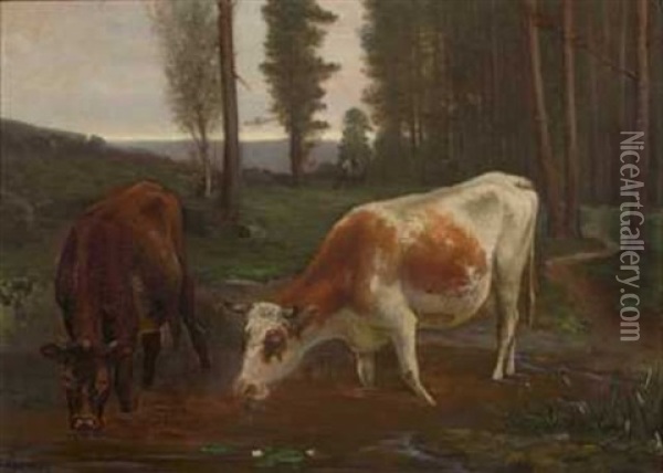 Kuer Ved Vadested Oil Painting - Christian Eriksen Skredsvig