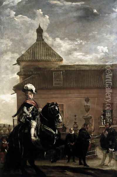 Prince Baltasar Carlos with the Count-Duke of Olivares at the Royal Mews c. 1636 Oil Painting - Diego Rodriguez de Silva y Velazquez