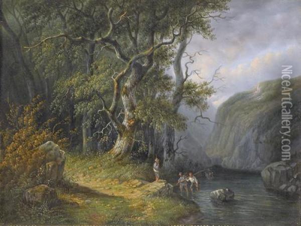 Gebirgige Flussuferpartie Mit Fischern Oil Painting - Johannes Hermann Barend Koekkoek
