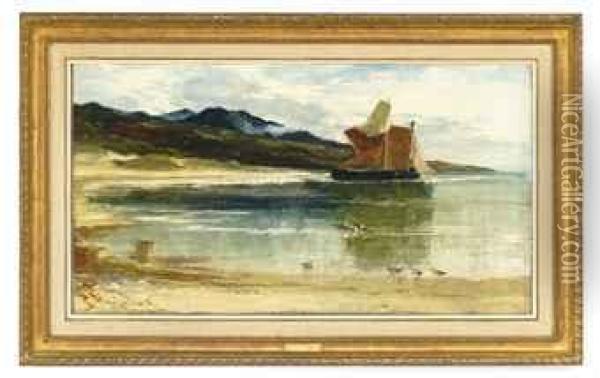 A Boat Moored In A Cove, Seagulls In The Foreground Oil Painting - Edwin Ellis