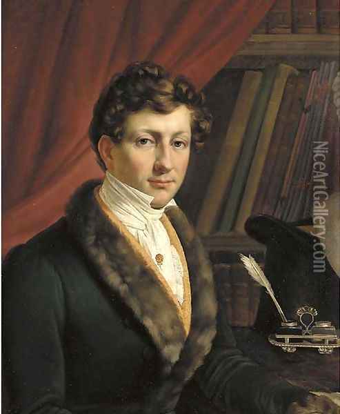 Portrait of a gentleman wearing a fur-trimmed jacket Oil Painting - French School