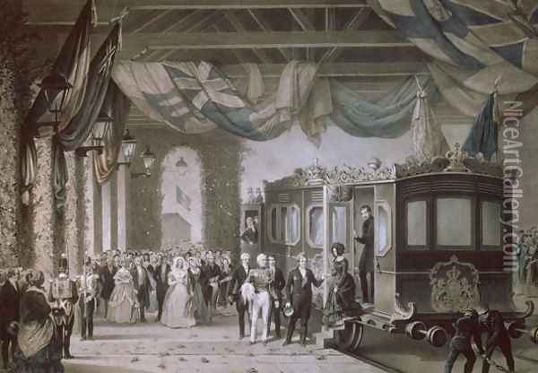 Queen Victoria 1819-1901 and Prince Albert 1819-61 Arriving at Gosport Station, Hampshire, engraved by Bayot and Cuvilier, 1846 Oil Painting - Edouard Pingret