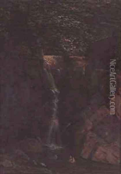 Waterfall in a Woodland Landscape Oil Painting - F. Famin