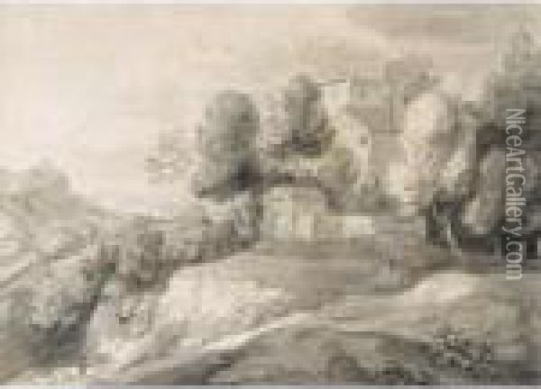 Wooded Landscape With Figures On A Pathway And Buildings Beyond Oil Painting - Thomas Gainsborough