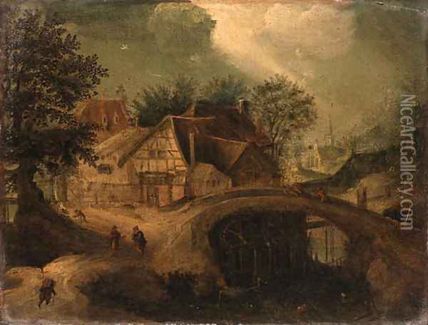 A Townscape with Travellers near a Bridge Oil Painting - Anton Mirou