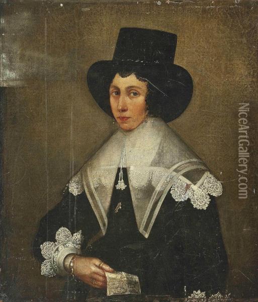 Portrait Of A Lady, Half-length, In A Black Dress With Lace Cuffs, A Black Hat And Pearl Earrings, A Letter In Her Right Hand Oil Painting - Edward Bower
