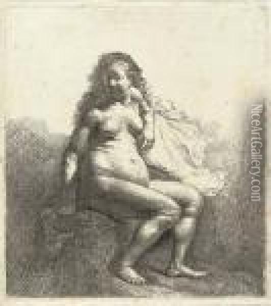 A Naked Woman Seated On A Mound Oil Painting - Rembrandt Van Rijn