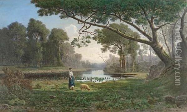 Femme Et Mouton Dans Un Paysage Avec Etang Oil Painting - Adolphe Potter