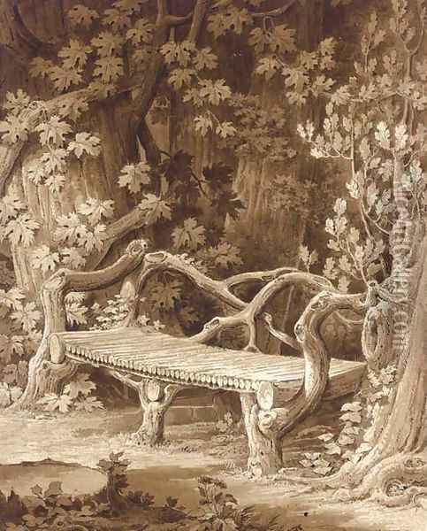 A rustic bench built of roots set among trees Oil Painting - Amelie Munier-Romilly
