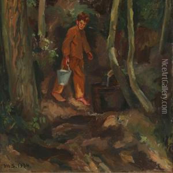A Boy Fetching Water In The Forest Oil Painting - Anna Marie Sandholt