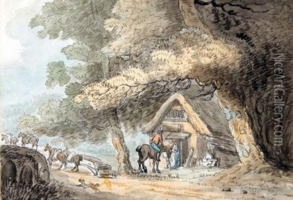 Rustics Before A Cottage With Bridge Beyond Oil Painting - Thomas Rowlandson