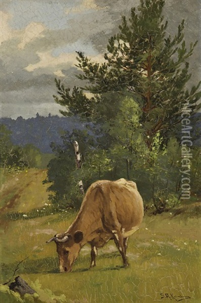 Cow On A Pasture Oil Painting - Sigfrid August Keinanen