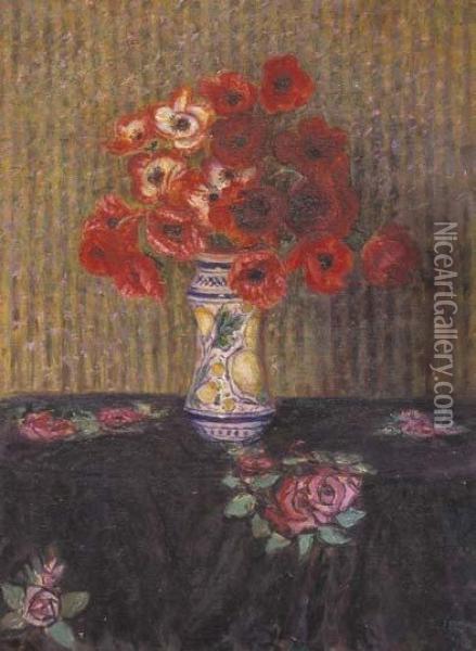 Vaso Di Anemoni Su Drappo Nero Con Rose Rosa Oil Painting - Enrico della (Lionne) Leonessa