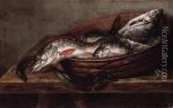 Dead Fish In A Bowl On A Table With A Dead Frog Oil Painting - Jakob Gillig