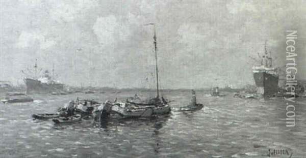 Harbor Scene, Rotterdam Oil Painting - Jan Wessel Van Delden