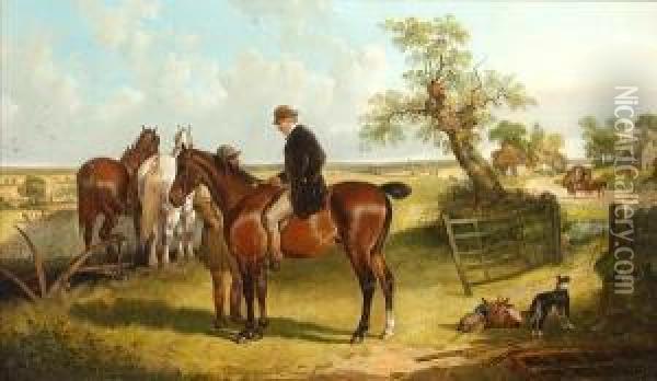 A Farmer On Horseback And A Plough Team, In Anextensive Country Landscape Oil Painting - Charles Waller Shayer
