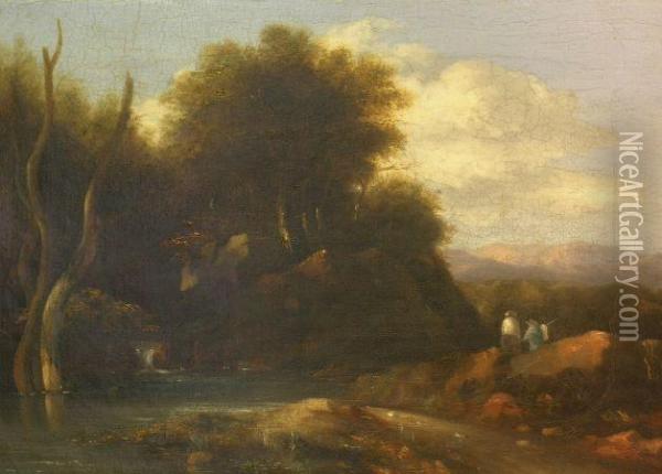 Travelers In A Mountainous Landscape Oil Painting - Thomas Jones Barker